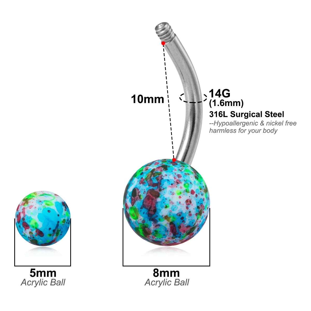 5PCS Acrylic Balls Belly Button Rings Women 14G Surgical Steel Curved Barbells Colorful Navel Piercing Bar Earring Body Jewelry