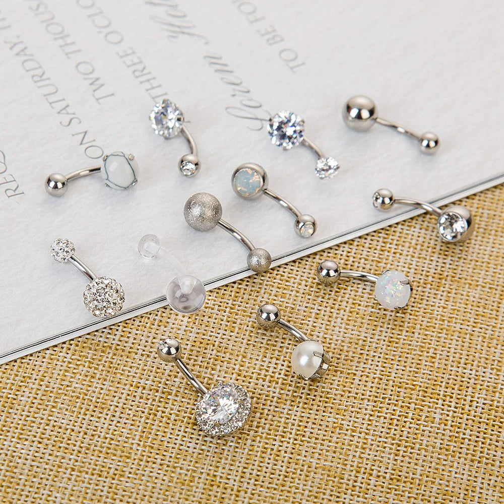 14G 10MM 3/8 Inch 316L Surgical Steel Belly Button Rings Belly Earring CZ Opal Navel Rings Barbell Body Piercings Jewelry Oreja