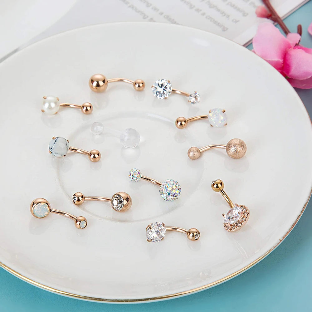 14G 10MM 3/8 Inch 316L Surgical Steel Belly Button Rings Belly Earring CZ Opal Navel Rings Barbell Body Piercings Jewelry Oreja