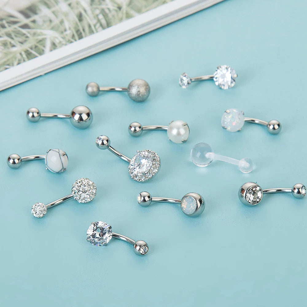 14G 10MM 3/8 Inch 316L Surgical Steel Belly Button Rings Belly Earring CZ Opal Navel Rings Barbell Body Piercings Jewelry Oreja