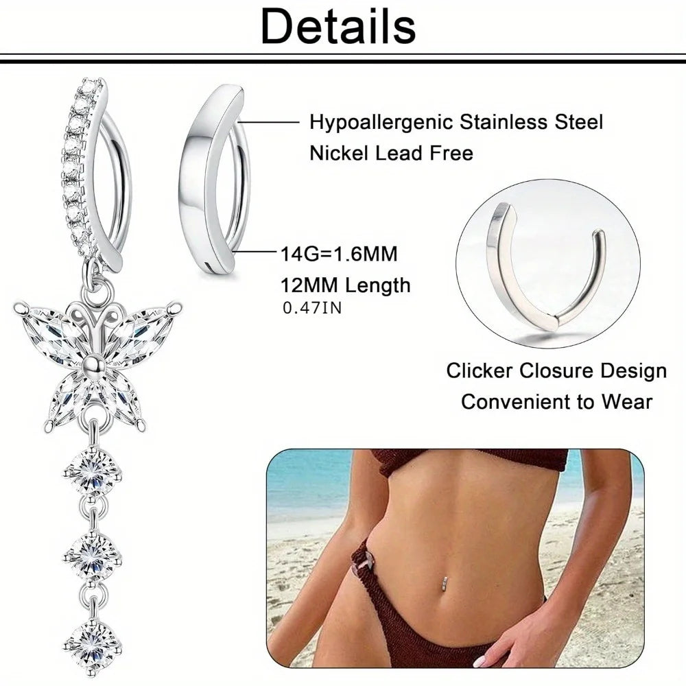 FINREZIO 1Pc Surgical Steel 14G Dangle Clicker Belly Button Rings for Women Men CZ Opal Simple Reverse Navel Ring Body Jewelry