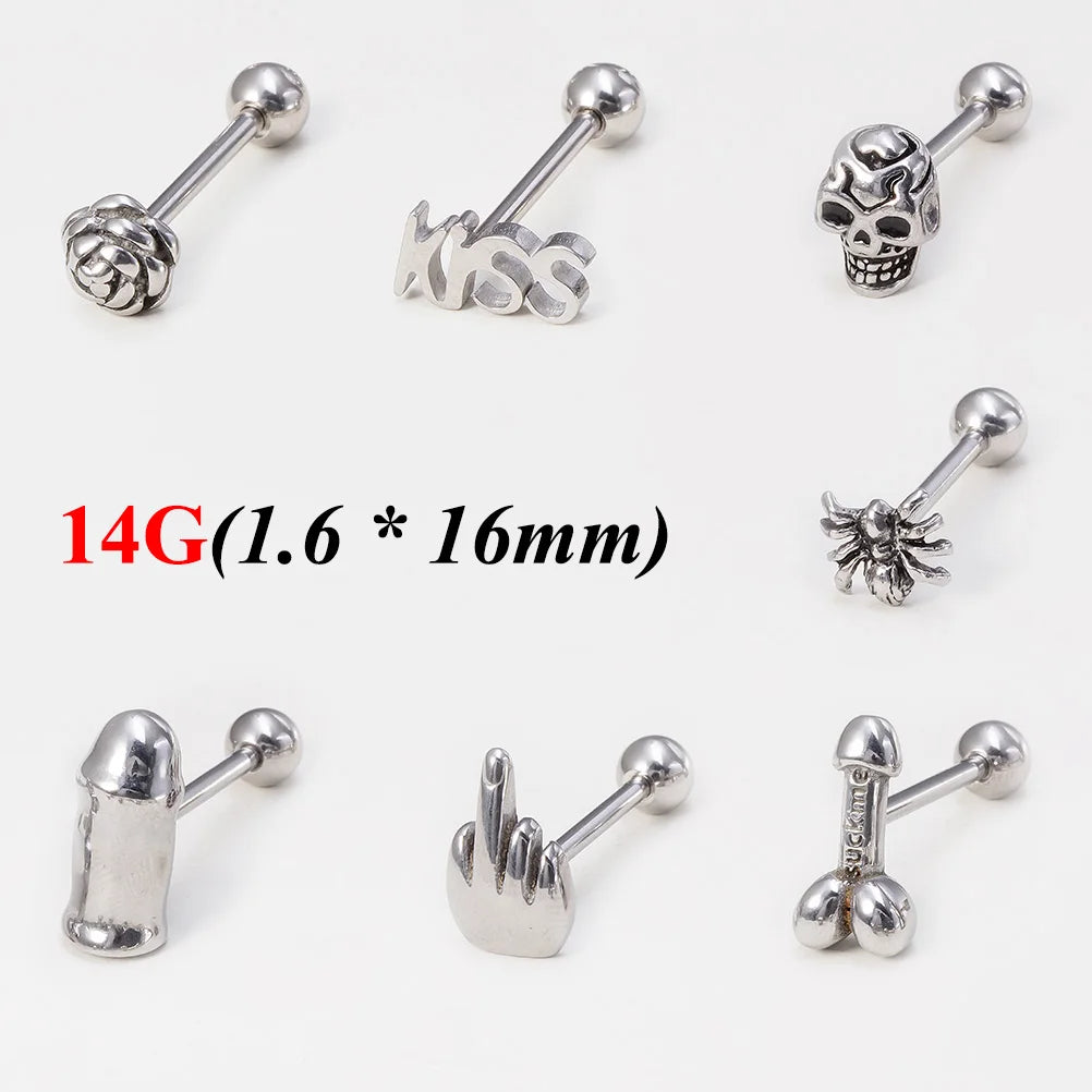 1pc Gothic Skull Spider Rose Letter Tongue Barbell Stud Piercing Surgical Steel Tongue Ring Piercing Body Jewelry for Unisex 14G