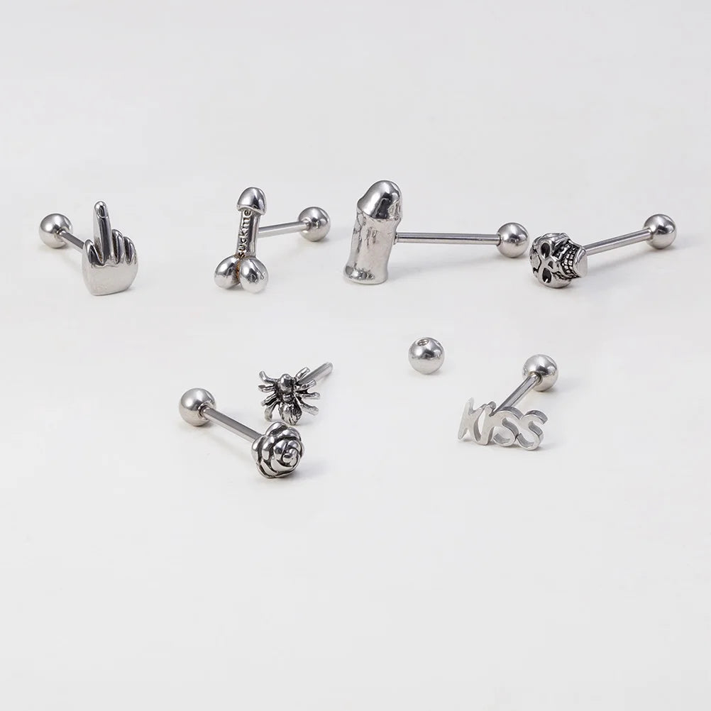 1pc Gothic Skull Spider Rose Letter Tongue Barbell Stud Piercing Surgical Steel Tongue Ring Piercing Body Jewelry for Unisex 14G