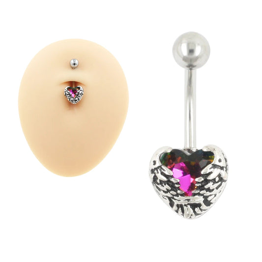 JHJT 1PC Surgical Stainless Steel Belly Button Rings Crystal CZ Wings Heart Navel Belly Button Piercing Body Jewelry 14G