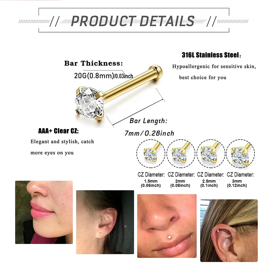 4pcs 4 size Cubic Zirconia Nose Piercing Jewelry Nose Studs 20G Bone L Shaped Shiny Crystal Bone Nostril Piercing Jewelry