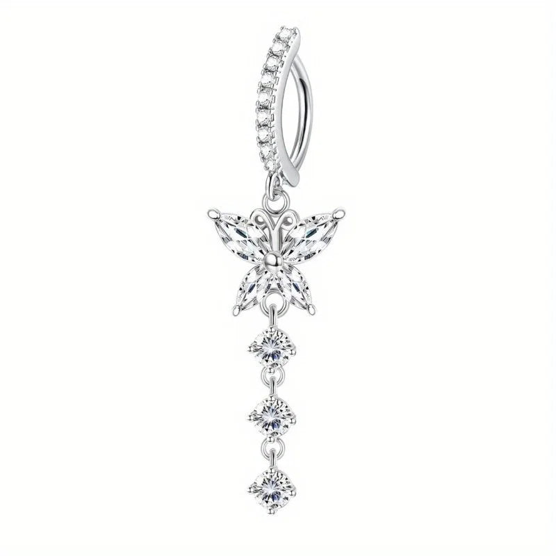 FINREZIO 1Pc Surgical Steel 14G Dangle Clicker Belly Button Rings for Women Men CZ Opal Simple Reverse Navel Ring Body Jewelry